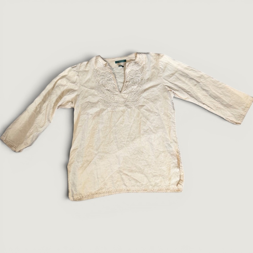 Lauren Ralph Lauren Cream Linen Embroidered V-Neck Tunic Top Large